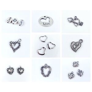 LOT Jewelry 16 Heart Charms in Patina Silver Color Pendants
